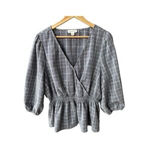 Treasure & Bond Blouse Top Grey Plaid Surplice Peplum Puff Sleeve Preppy Size XL